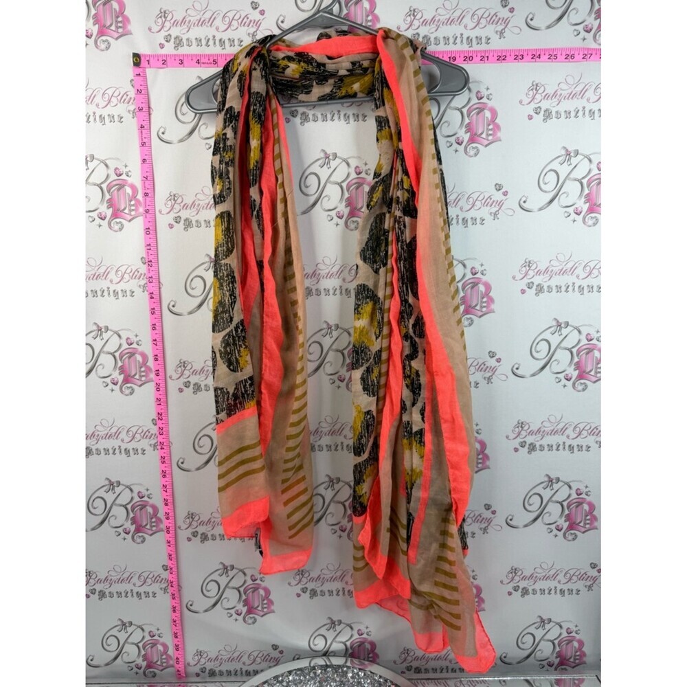 DKNY scarf scarve wrap bright orange Neon Coral and Beige Floral Stripe Scarf
